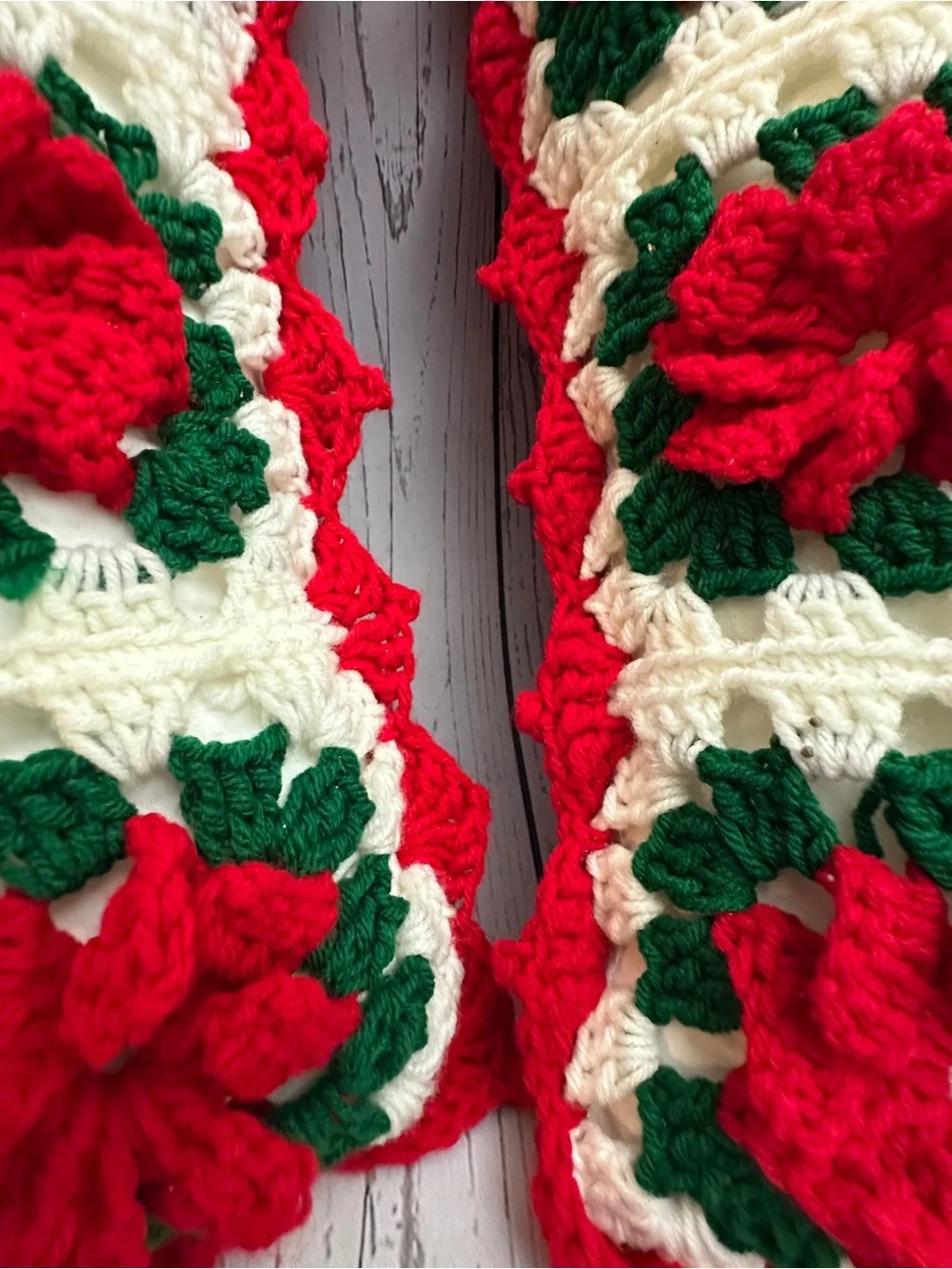 Vintage Handmade Crochet Christmas Poinsettia Granny Square Throw Pillows - Set